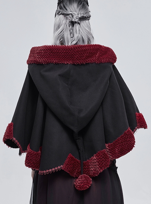 Gothic Style Soft Wool Front Red Lace With Black Thermal Fabric  Hooded Shawl