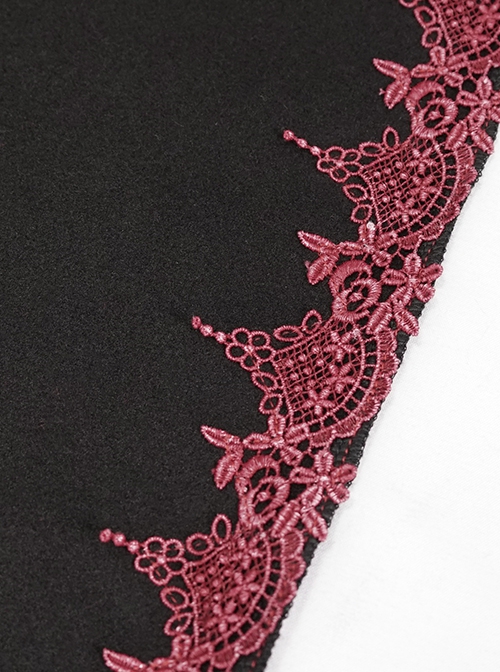 Gothic Style Soft Wool Front Red Lace With Black Thermal Fabric  Hooded Shawl