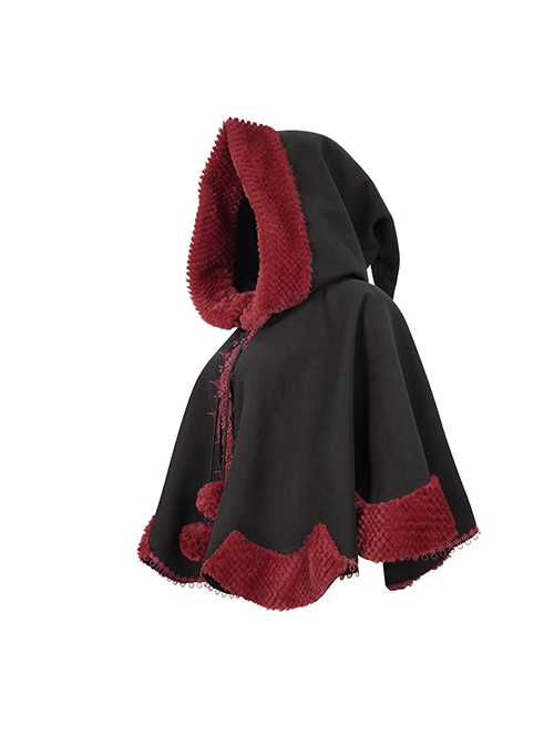 Gothic Style Soft Wool Front Red Lace With Black Thermal Fabric  Hooded Shawl