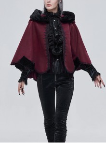 Gothic Style Soft Wool Front Black Lace With Burgundy Thermal Fabric Hooded Shawl