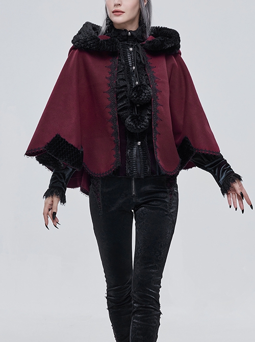 Gothic Style Soft Wool Front Black Lace With Burgundy Thermal Fabric Hooded Shawl