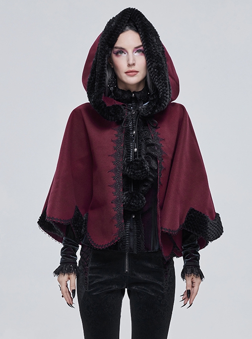 Gothic Style Soft Wool Front Black Lace With Burgundy Thermal Fabric Hooded Shawl