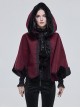 Gothic Style Soft Wool Front Black Lace With Burgundy Thermal Fabric Hooded Shawl