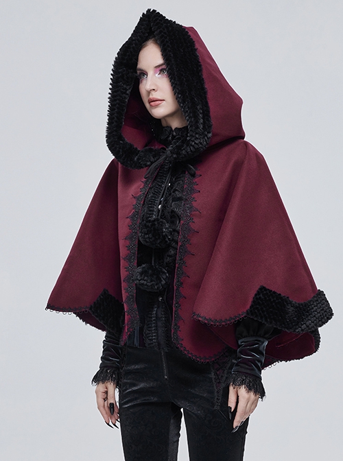 Gothic Style Soft Wool Front Black Lace With Burgundy Thermal Fabric Hooded Shawl