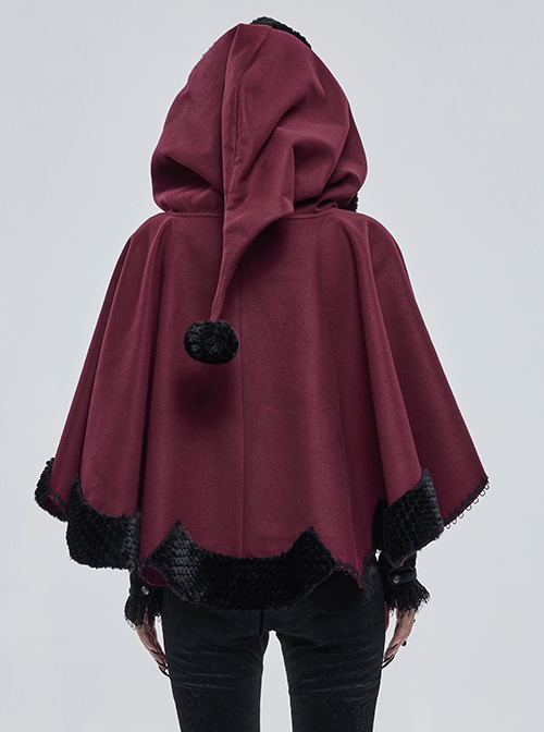 Gothic Style Soft Wool Front Black Lace With Burgundy Thermal Fabric Hooded Shawl