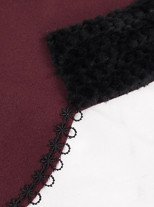Gothic Style Soft Wool Front Black Lace With Burgundy Thermal Fabric Hooded Shawl