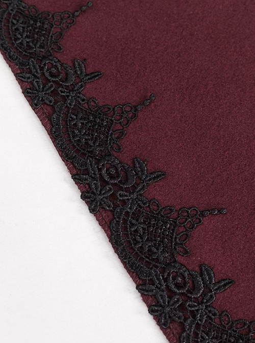 Gothic Style Soft Wool Front Black Lace With Burgundy Thermal Fabric Hooded Shawl