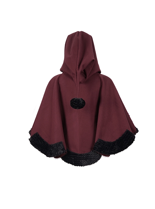 Gothic Style Soft Wool Front Black Lace With Burgundy Thermal Fabric Hooded Shawl