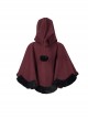 Gothic Style Soft Wool Front Black Lace With Burgundy Thermal Fabric Hooded Shawl