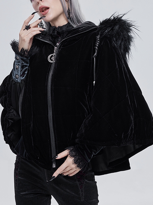 Gothic Style Warm Interwoven Cotton Plaid Front Center Metal Crescent Pendant Zipper Black Velvet Shawl