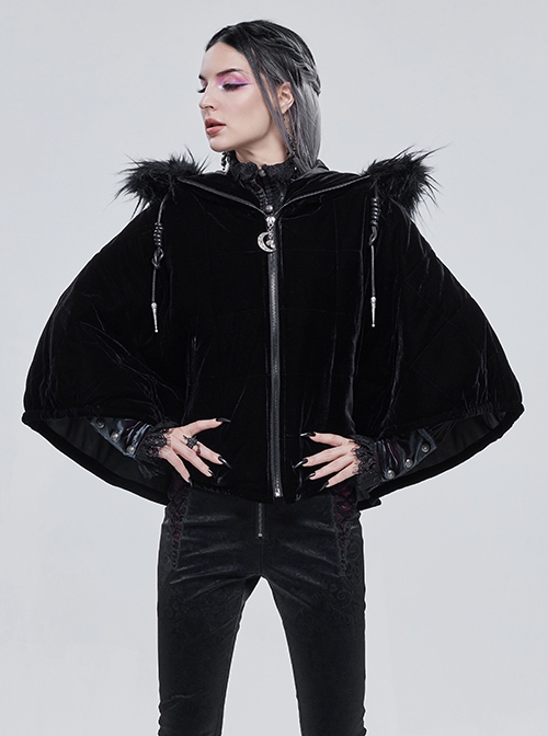 Gothic Style Warm Interwoven Cotton Plaid Front Center Metal Crescent Pendant Zipper Black Velvet Shawl