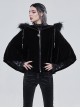 Gothic Style Warm Interwoven Cotton Plaid Front Center Metal Crescent Pendant Zipper Black Velvet Shawl