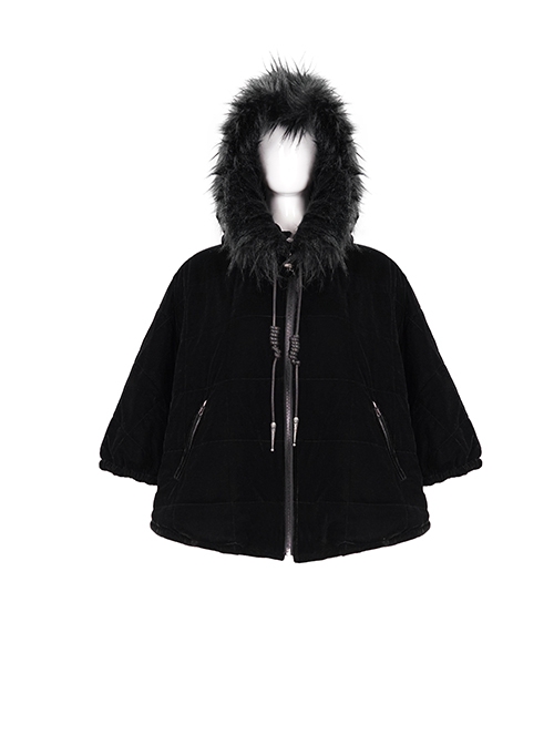 Gothic Style Warm Interwoven Cotton Plaid Front Center Metal Crescent Pendant Zipper Black Velvet Shawl