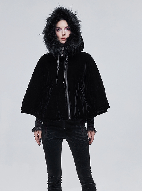 Gothic Style Warm Interwoven Cotton Plaid Front Center Metal Crescent Pendant Zipper Black Velvet Shawl