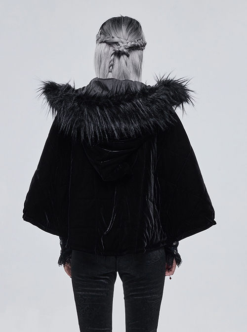 Gothic Style Warm Interwoven Cotton Plaid Front Center Metal Crescent Pendant Zipper Black Velvet Shawl