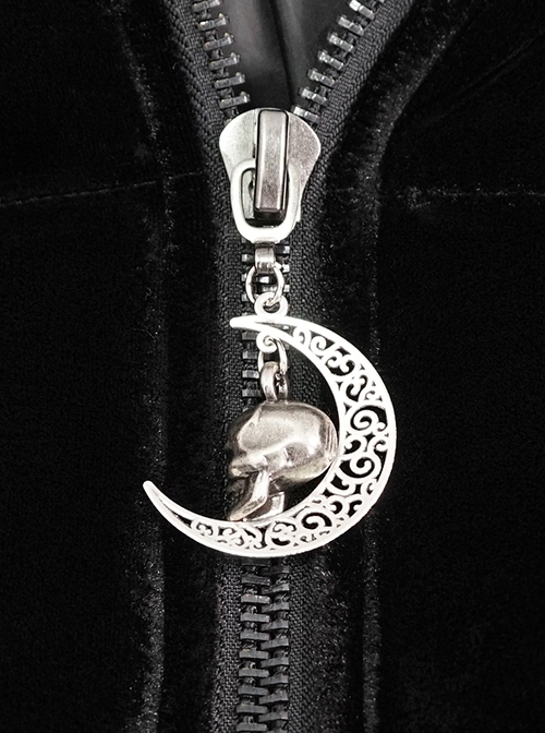 Gothic Style Warm Interwoven Cotton Plaid Front Center Metal Crescent Pendant Zipper Black Velvet Shawl