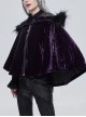 Gothic Style Warm Interwoven Cotton Plaid Front Center Metal Crescent Pendant Zipper Purple Velvet Shawl