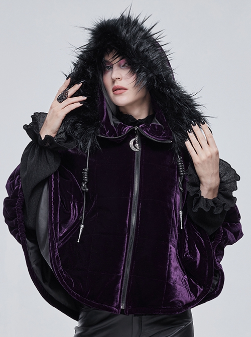 Gothic Style Warm Interwoven Cotton Plaid Front Center Metal Crescent Pendant Zipper Purple Velvet Shawl