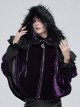 Gothic Style Warm Interwoven Cotton Plaid Front Center Metal Crescent Pendant Zipper Purple Velvet Shawl