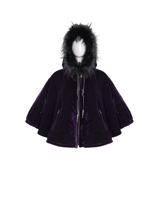 Gothic Style Warm Interwoven Cotton Plaid Front Center Metal Crescent Pendant Zipper Purple Velvet Shawl