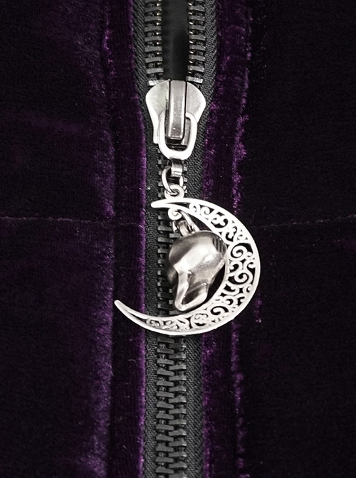 Gothic Style Warm Interwoven Cotton Plaid Front Center Metal Crescent Pendant Zipper Purple Velvet Shawl