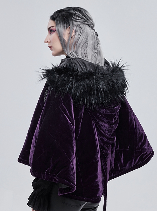 Gothic Style Warm Interwoven Cotton Plaid Front Center Metal Crescent Pendant Zipper Purple Velvet Shawl