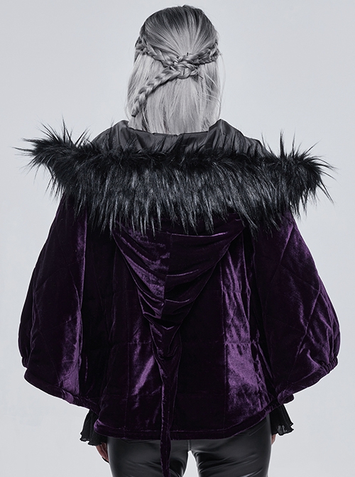 Gothic Style Warm Interwoven Cotton Plaid Front Center Metal Crescent Pendant Zipper Purple Velvet Shawl