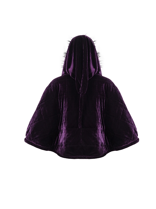 Gothic Style Warm Interwoven Cotton Plaid Front Center Metal Crescent Pendant Zipper Purple Velvet Shawl