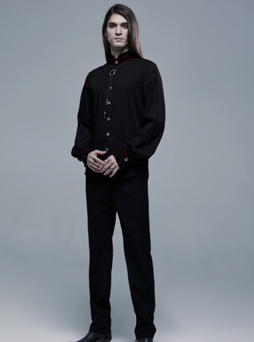 Gothic Style Stand Collar Classical Picture Frame Button Red Ribbon Decoration Vintage Black Lantern Sleeve Shirt
