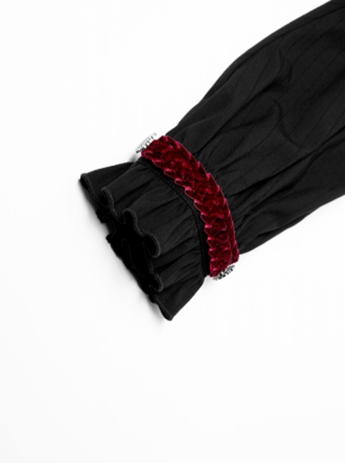 Gothic Style Stand Collar Classical Picture Frame Button Red Ribbon Decoration Vintage Black Lantern Sleeve Shirt