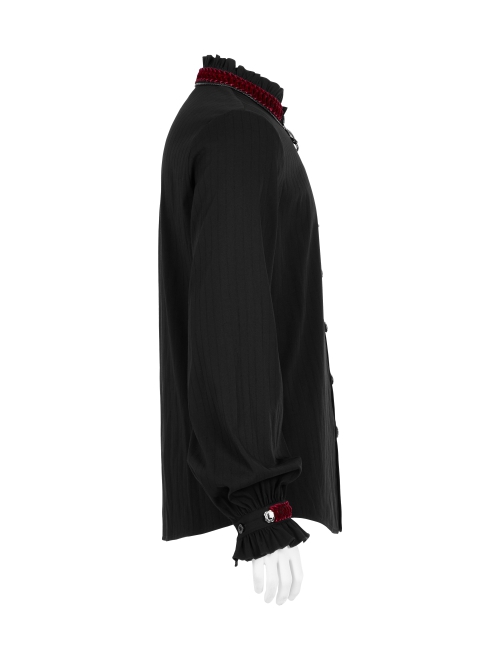 Gothic Style Stand Collar Classical Picture Frame Button Red Ribbon Decoration Vintage Black Lantern Sleeve Shirt