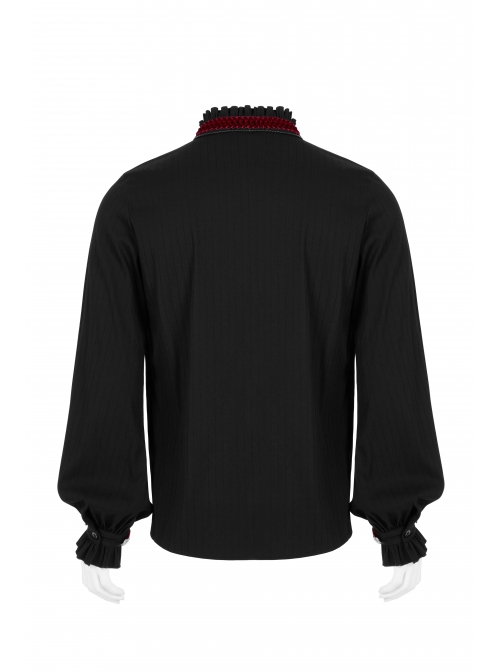 Gothic Style Stand Collar Classical Picture Frame Button Red Ribbon Decoration Vintage Black Lantern Sleeve Shirt