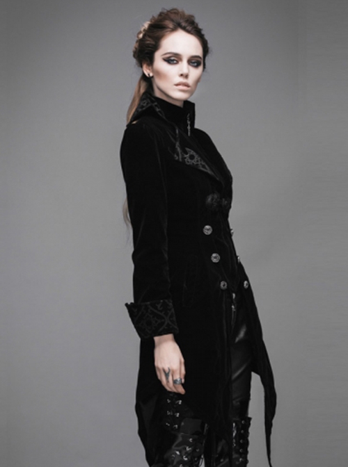 Gothic Style Elegant Velvet Collar Embroidery With Exquisite Carved Buttons Black Swallowtail Jacket