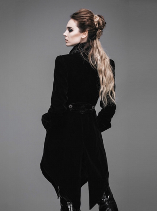 Gothic Style Elegant Velvet Collar Embroidery With Exquisite Carved Buttons Black Swallowtail Jacket