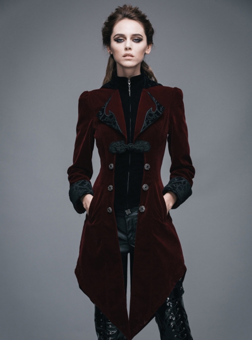 Gothic Style Elegant Velvet Collar Embroidery With Exquisite Carved Buttons Black And Red Swallowtail Jacket