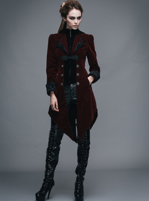Gothic Style Elegant Velvet Collar Embroidery With Exquisite Carved Buttons Black And Red Swallowtail Jacket