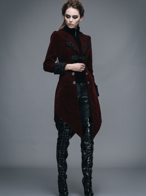 Gothic Style Elegant Velvet Collar Embroidery With Exquisite Carved Buttons Black And Red Swallowtail Jacket