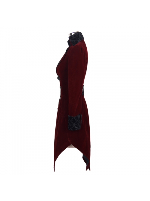 Gothic Style Elegant Velvet Collar Embroidery With Exquisite Carved Buttons Black And Red Swallowtail Jacket