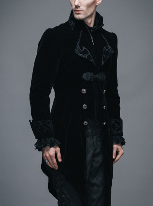 Gothic Style Elegant Velvet Collar Embroidery With Exquisite Carved Buttons Black Men's Swallowtail Jacket