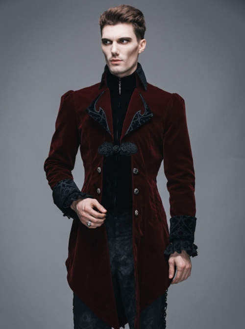 Gothic Style Elegant Weft Velvet Collar Embroidery With Exquisite Carved Buttons Black And Red Men's Swallowtail Jacket