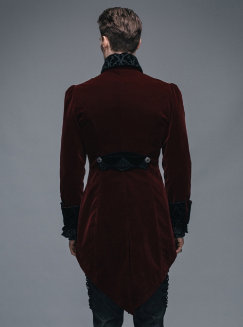 Gothic Style Elegant Weft Velvet Collar Embroidery With Exquisite Carved Buttons Black And Red Men's Swallowtail Jacket