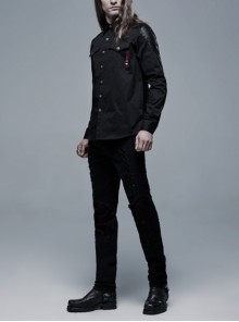 Punk Style Lapel Personality Patchwork Unique Skull Button Daily Cool Black Long Sleeves Male Shirt