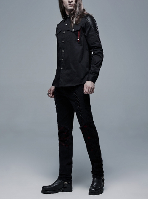 Punk Style Lapel Personality Patchwork Unique Skull Button Daily Cool Black Long Sleeves Male Shirt