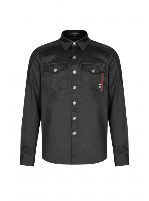 Punk Style Lapel Personality Patchwork Unique Skull Button Daily Cool Black Long Sleeves Male Shirt