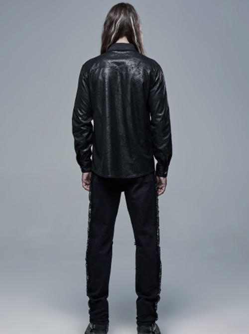 Punk Style Lapel Personality Patchwork Unique Skull Button Daily Cool Black Long Sleeves Male Shirt