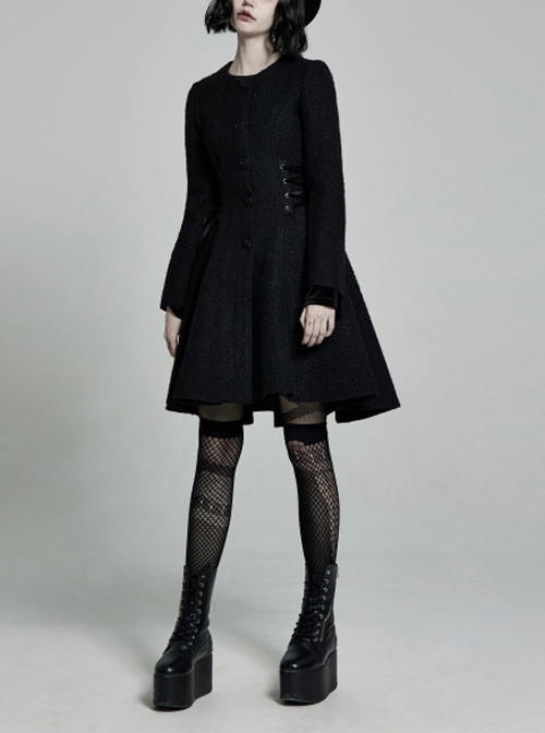 Gothic Style Cute Fur Ball Embroidered Lace Shawl Exquisite Rose Button Retro Black Long Sleeves Wool Coat