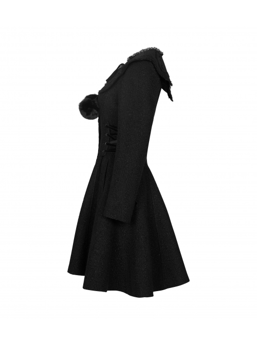 Gothic Style Cute Fur Ball Embroidered Lace Shawl Exquisite Rose Button Retro Black Long Sleeves Wool Coat