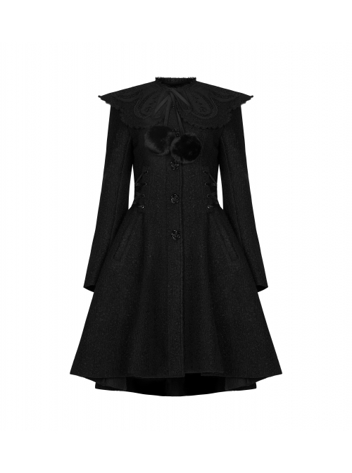 Gothic Style Cute Fur Ball Embroidered Lace Shawl Exquisite Rose Button Retro Black Long Sleeves Wool Coat