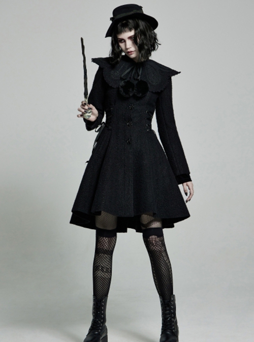 Gothic Style Cute Fur Ball Embroidered Lace Shawl Exquisite Rose Button Retro Black Long Sleeves Wool Coat