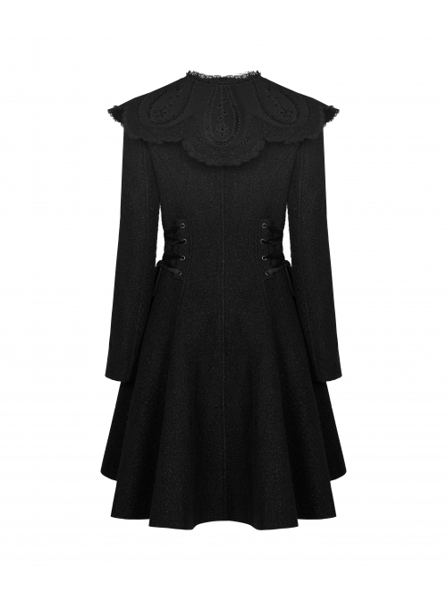 Gothic Style Cute Fur Ball Embroidered Lace Shawl Exquisite Rose Button Retro Black Long Sleeves Wool Coat